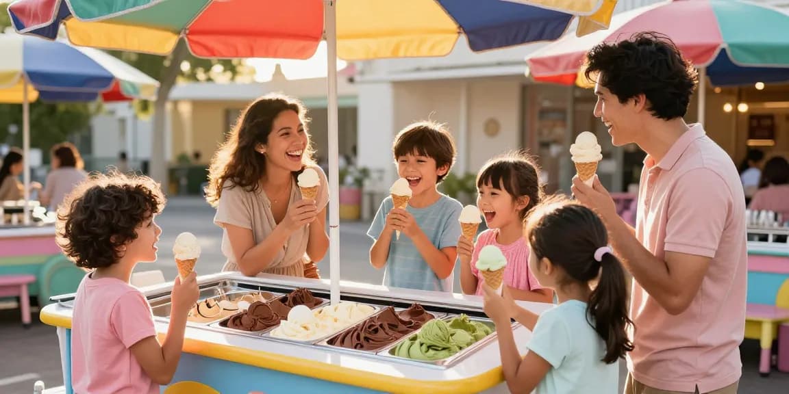 Family enjoying rokok88 ice cream flavors in a vibrant outdoor parlor setting.