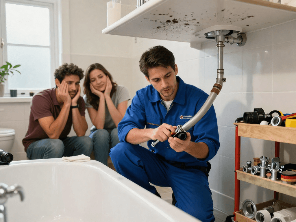 Emergency plumber Fort Worth fixing a burst pipe in a home bathroom with tools on display.