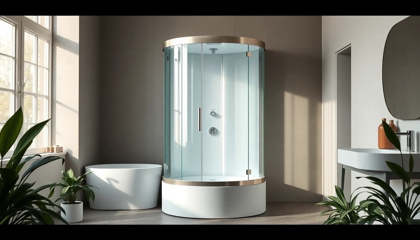 Die innovative sonni Duschkabine in einem eleganten Bad mit natürlichem Licht umfasst stilvolle Armaturen.