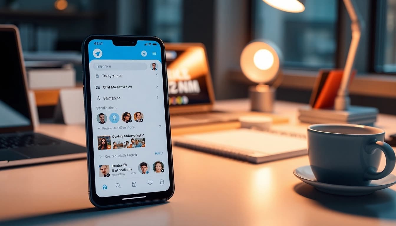 Modern smartphone displaying Telegram中文版 interface, showcasing chat features and productivity tools.