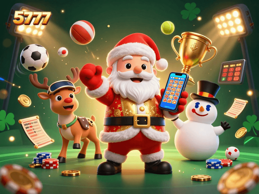 Spin with excitement at 5777's thrilling slots, featuring Santa and his lively companions!