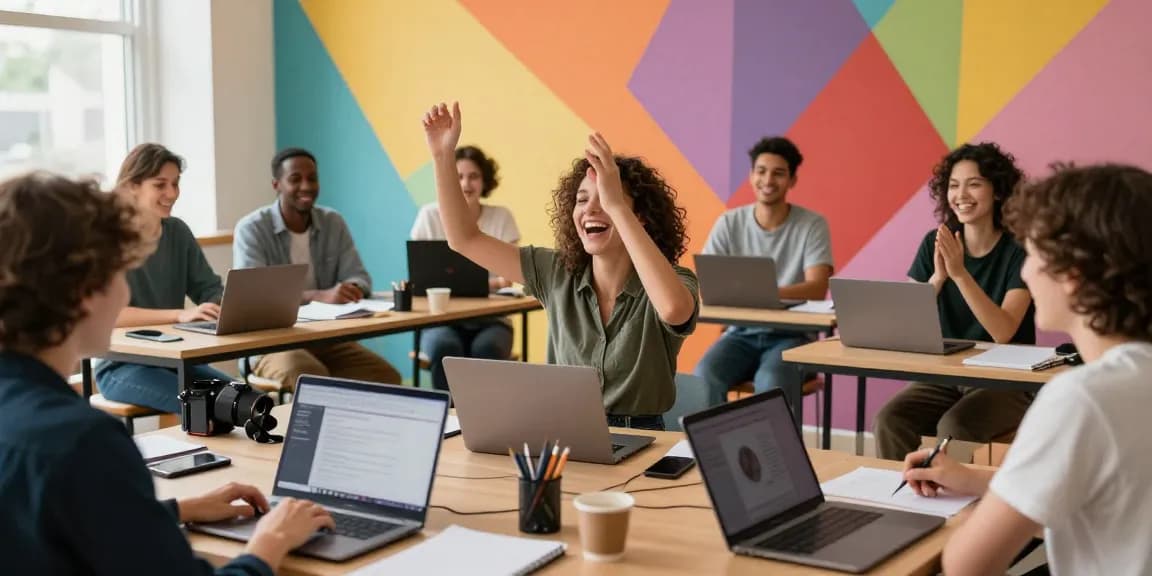 Students enjoying online improv classes, engaging in spontaneous exercises with vibrant creativity.