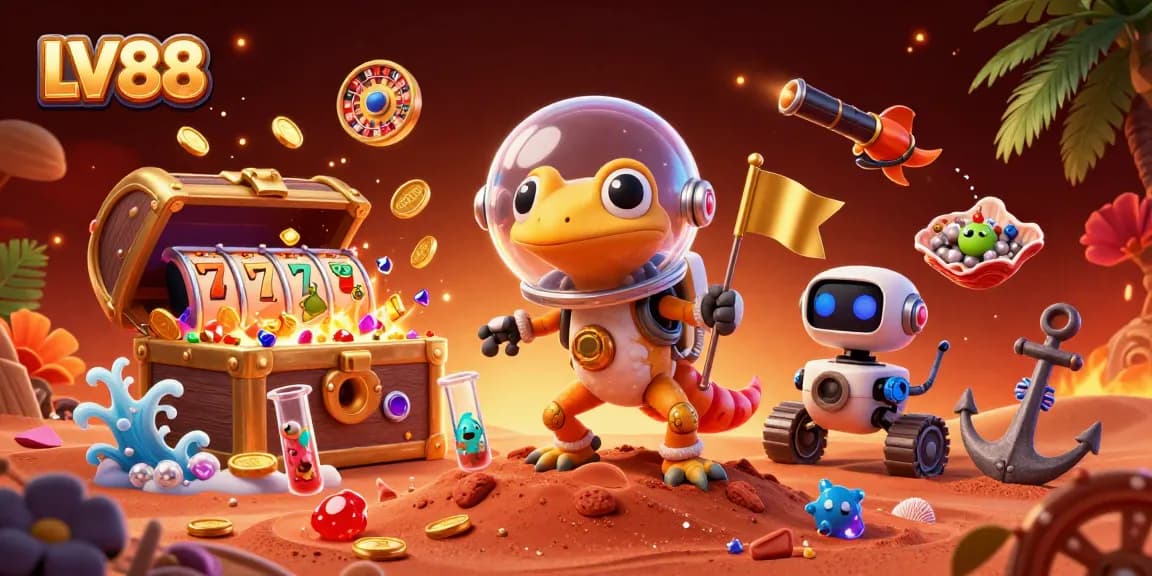 LV88 casino adventure with Martian gecko uncovering treasures and gaming elements.