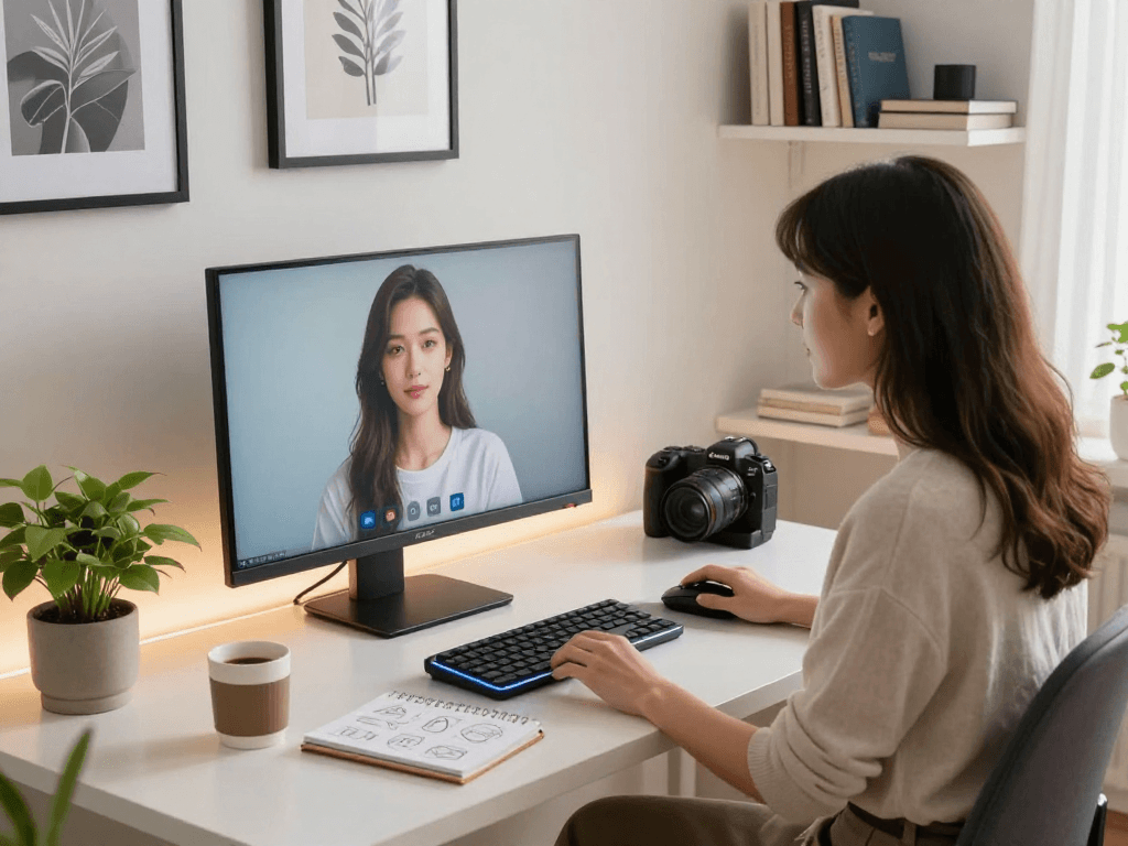 Engaged user interacting with an AI girlfriend on screen in a cozy tech-inspired home office setting.