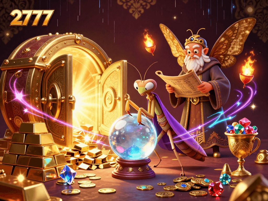 Experience thrilling gaming excitement with 2777, featuring a mystical scene of fortune tellers and treasures.