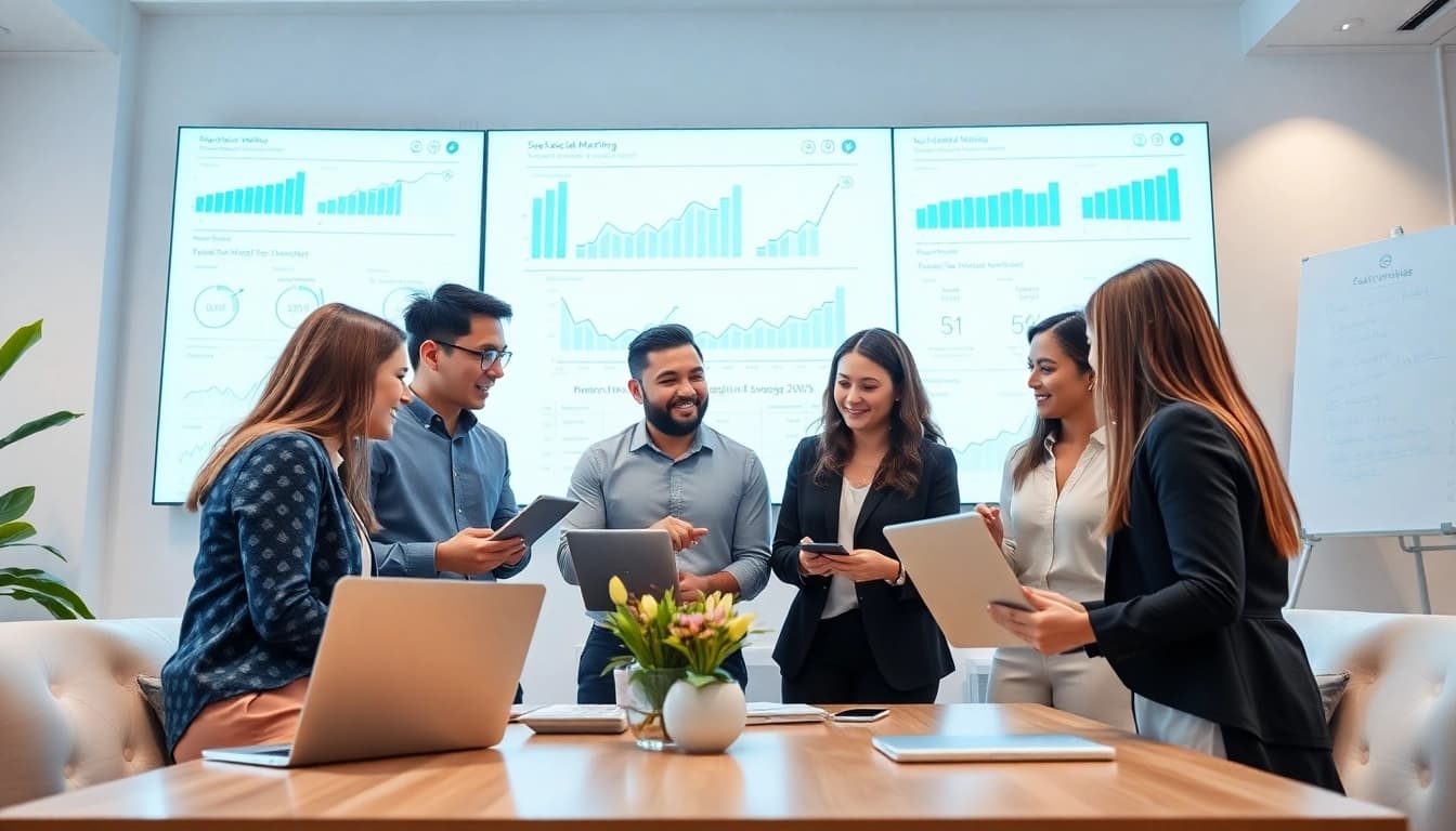 Engaged team of a digital marketing company collaborating in a modern office.