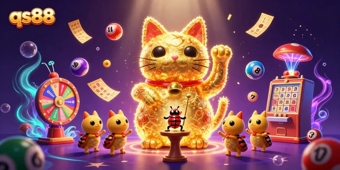Experience the excitement of qs88 with a vibrant 3D illustration featuring dynamic casino symbols and games.