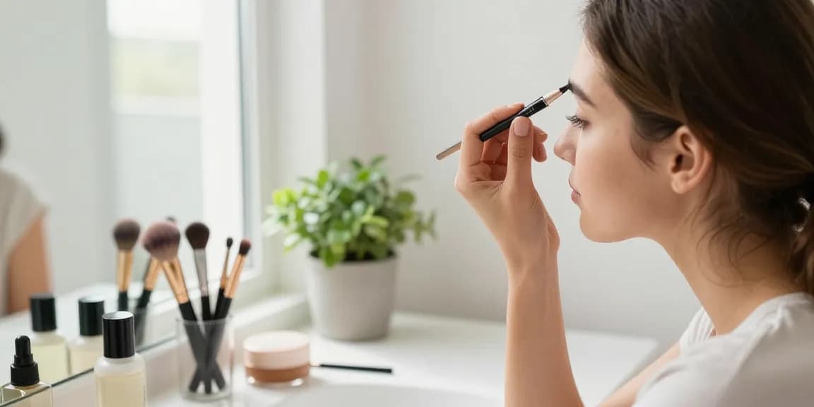 Woman applying eyebrow pen in a bright bathroom, showcasing beauty essentials.