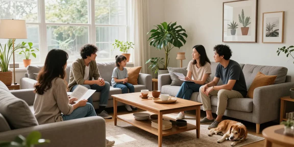 شراء اثاث مستعمل بالرياض with family evaluating pre-owned furniture in cozy living room.