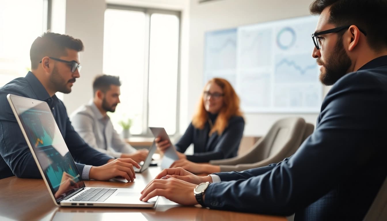 Collaborative team utilizing AI for competitor analysis in a bright modern office.