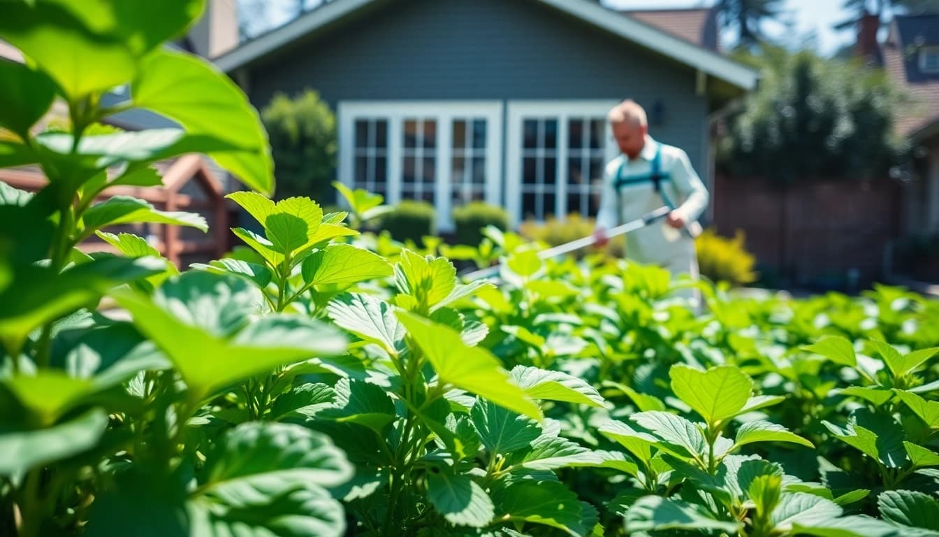 Pest control services technician applying eco-friendly treatments in a home garden.