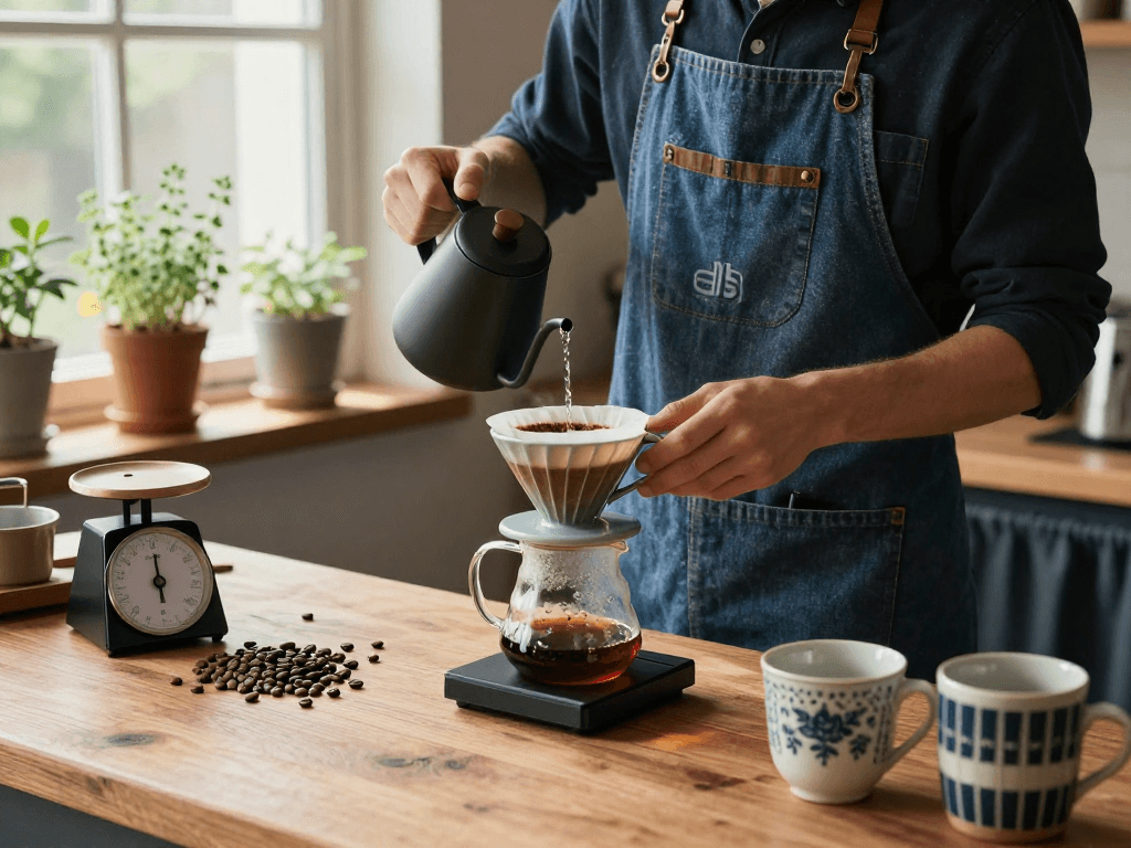 Crafting pourover coffee with Ebb reusable filters at www.ebbfilter.com in a cozy kitchen.