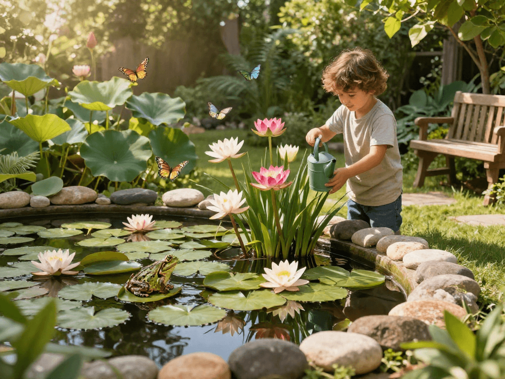 Pond Plants thriving in a serene home garden pond setting, showcasing vibrant water lilies and lotus flowers.