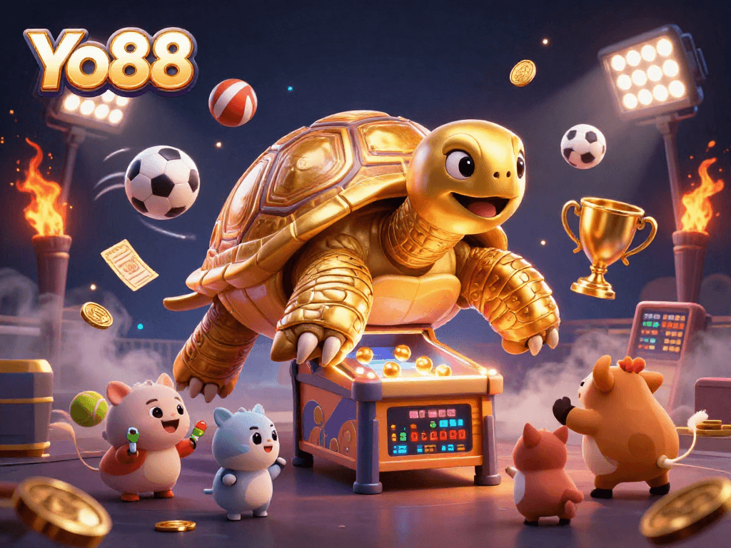 Experience the thrilling gameplay at Yo88 with a vibrant sports-themed 3D illustration, showcasing excitement and competition.