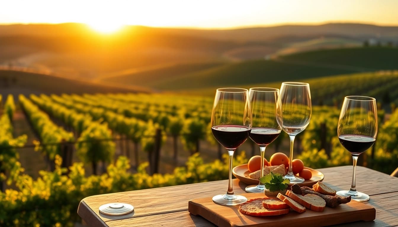 Capture the essence of clarksburg wineries with a stunning wine tasting setup amidst scenic vineyards.