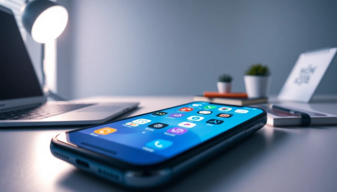 Explore 爱思助手 interface on a sleek iPhone in a modern workspace, showcasing productivity and innovation.