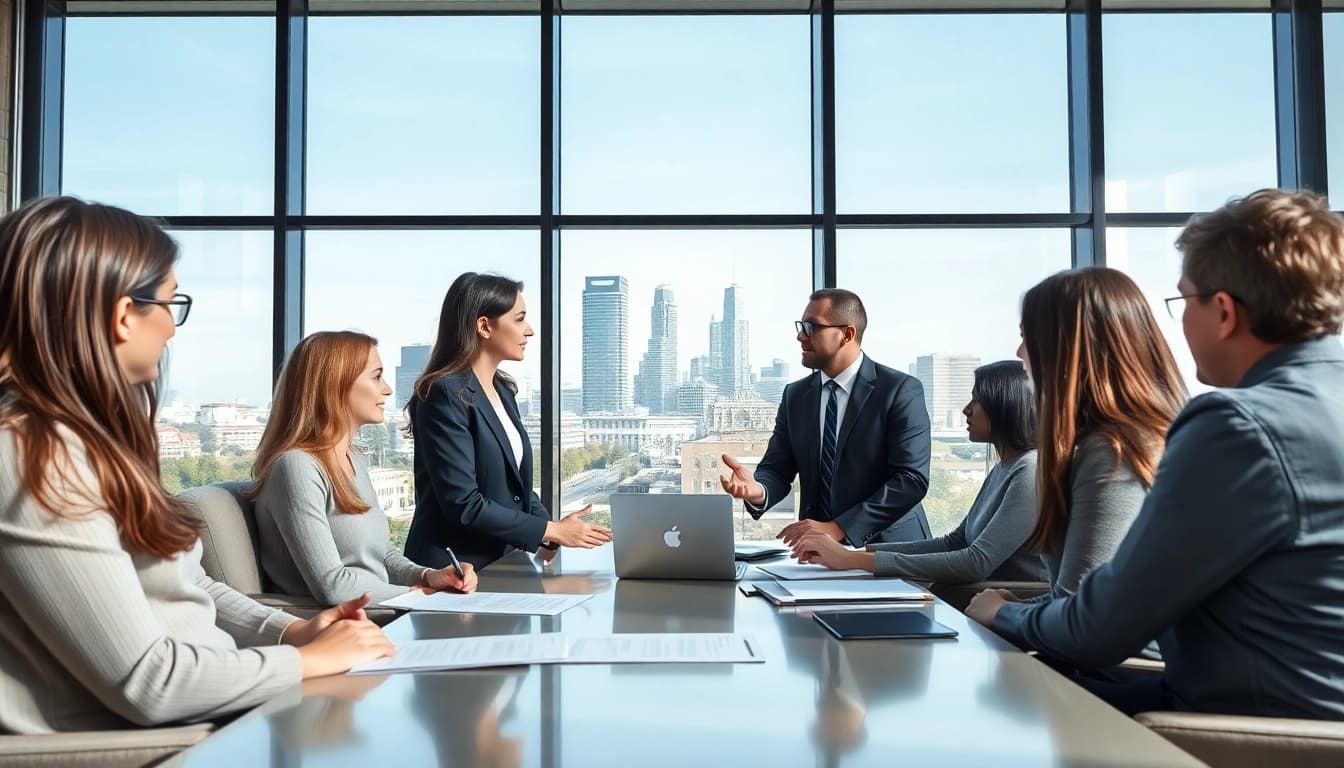 Beratung am Arbeitsgericht Köln mit einem Anwalt und Mandanten in moderner Umgebung.