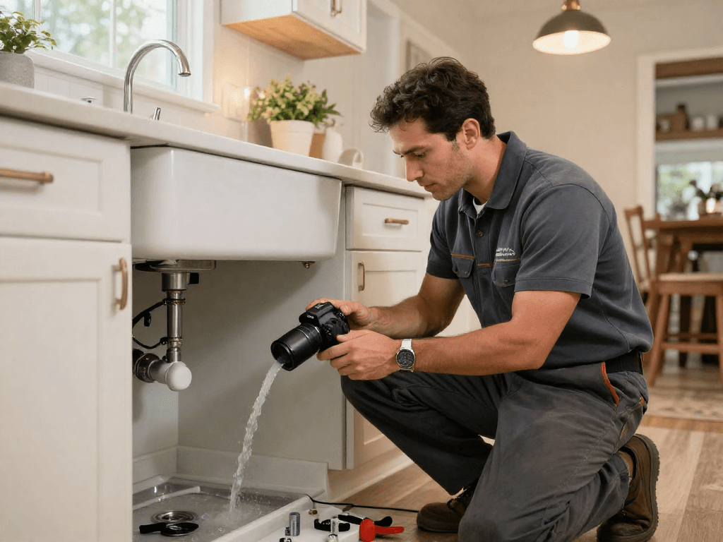 Leak repair Fort Worth expert diagnosing a kitchen plumbing issue with tools in a cozy residential setting