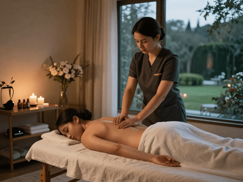 Professional 출장마사지 therapy session in a serene home setting, emphasizing relaxation and tranquility.