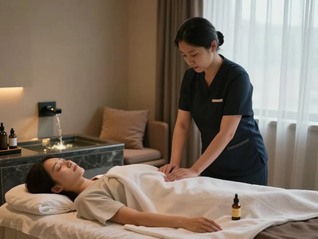 Inviting 인천 출장마사지 setup with calming ambient light and oils in a cozy hotel room.