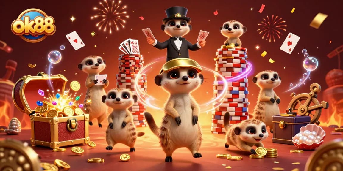 Watch meerkats managing the ok88 casino as they deal cards and celebrate with gems and coins.