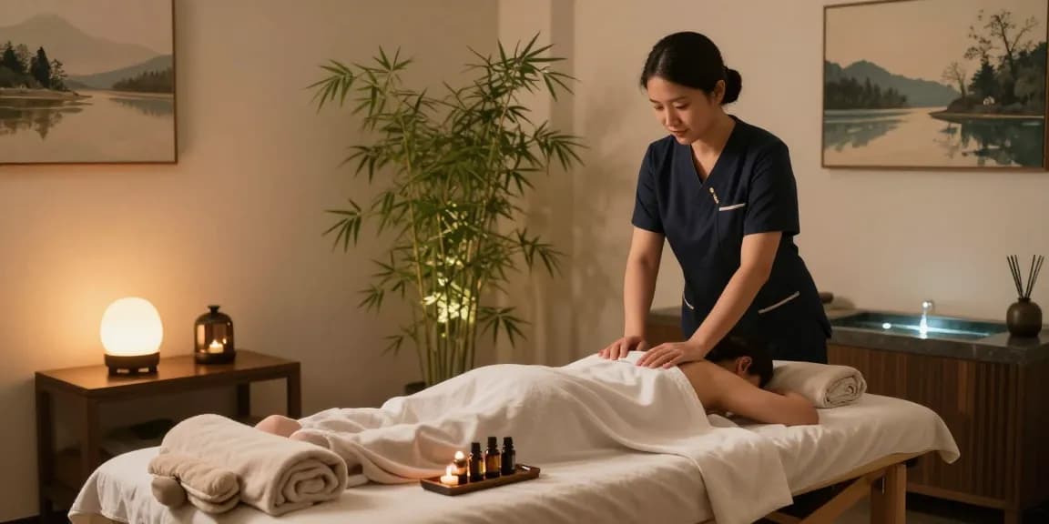 Therapist preparing for 출장안마 session in a serene massage therapy room with calming elements.