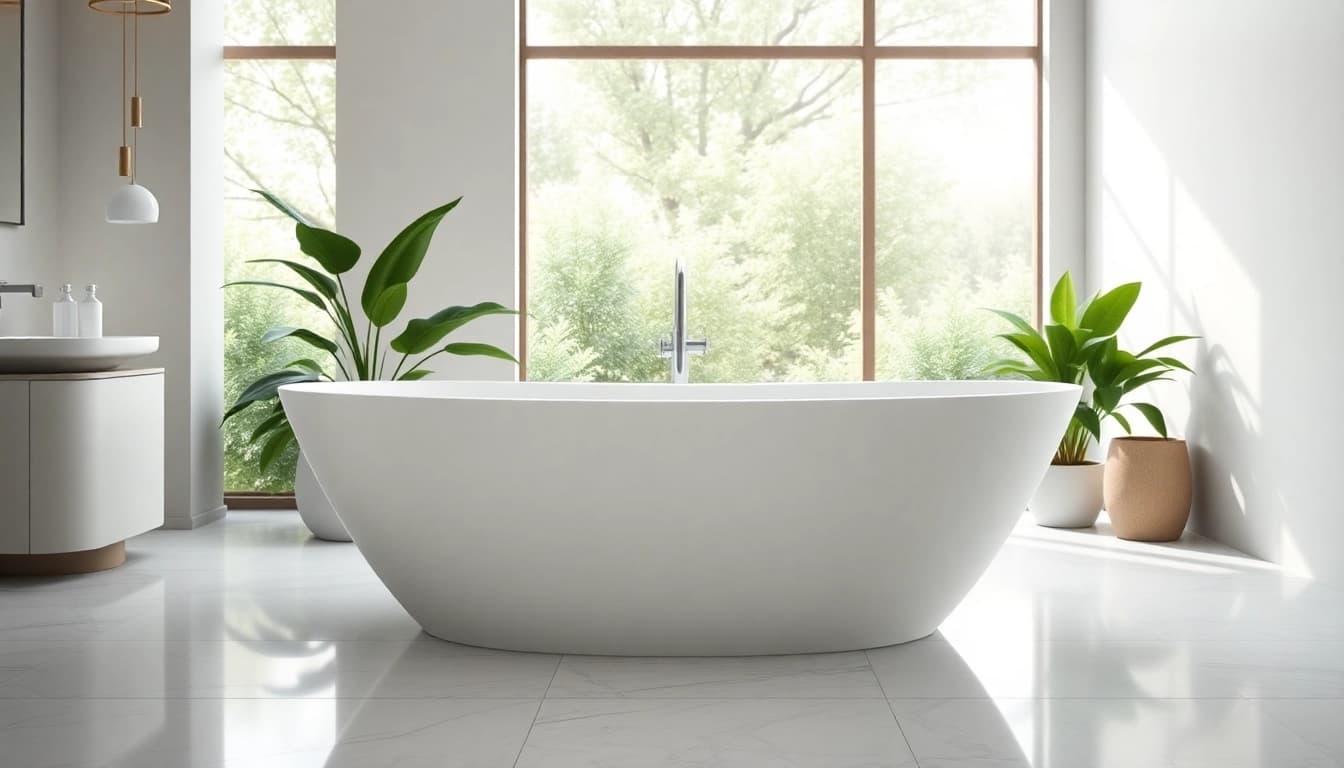 Vasca da bagno elegante con design moderno nella luce naturale di un bagno contemporaneo.