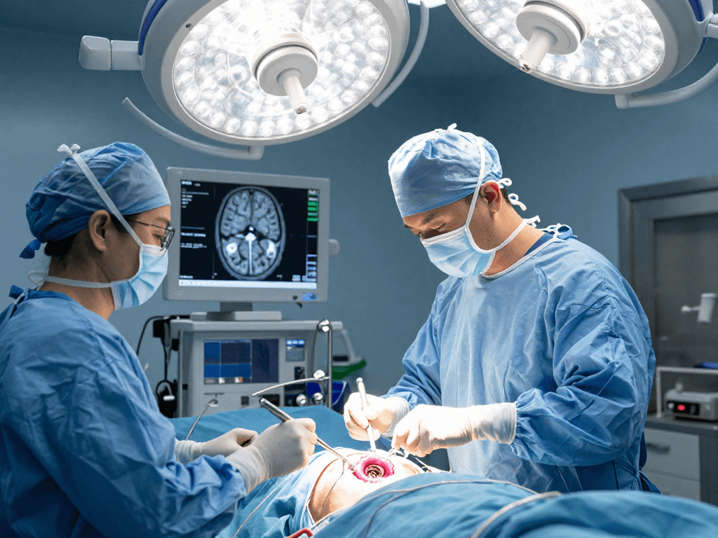 Expert team performing beyin tümörü ameliyatı with advanced techniques in a sterile operating room.