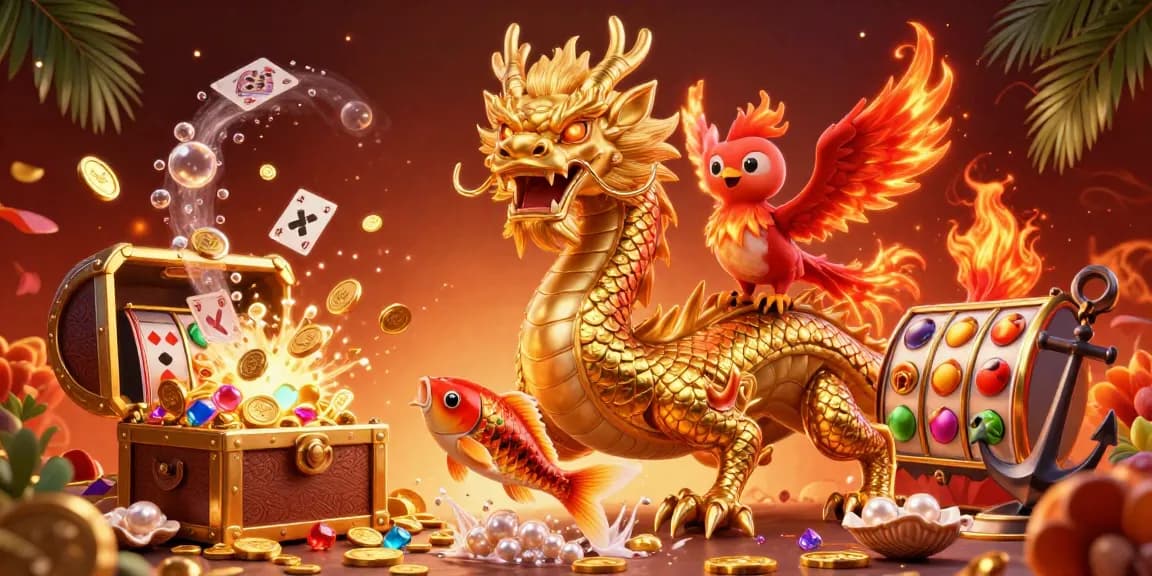 Sunwin captivates players with a dynamic 3D scene featuring a golden dragon, phoenix, and koi fish amidst vibrant casino elements.
