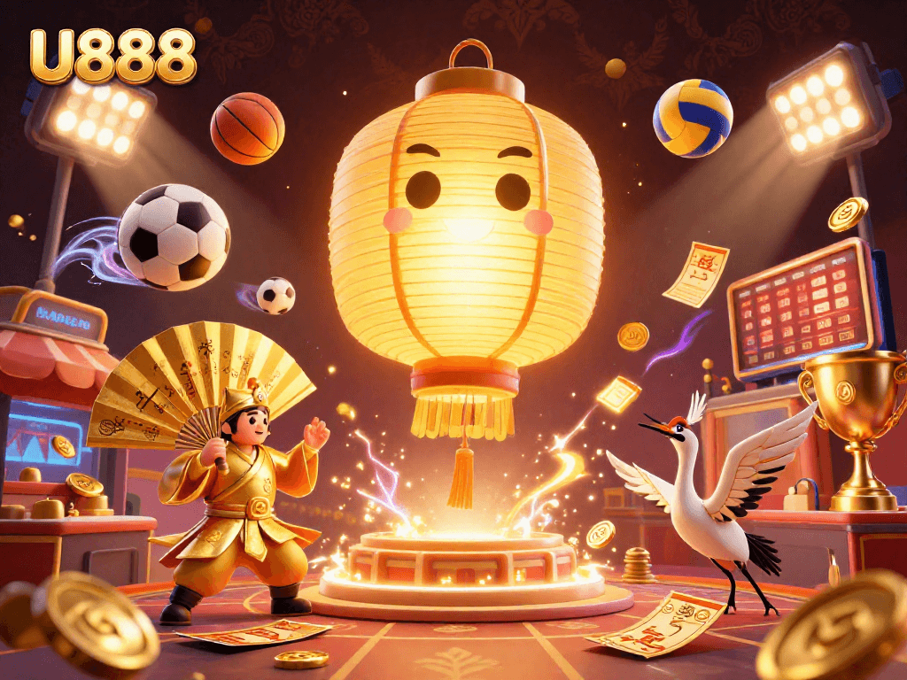 U888 showcases a lively casino scene with glowing lantern spirits and vibrant sports elements.
