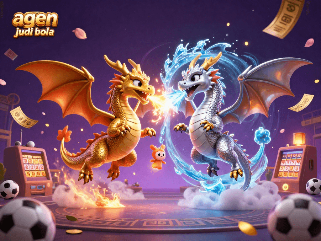 Experience sports betting excitement with agen judi bola amid a dynamic scene of dragons and lottery elements.