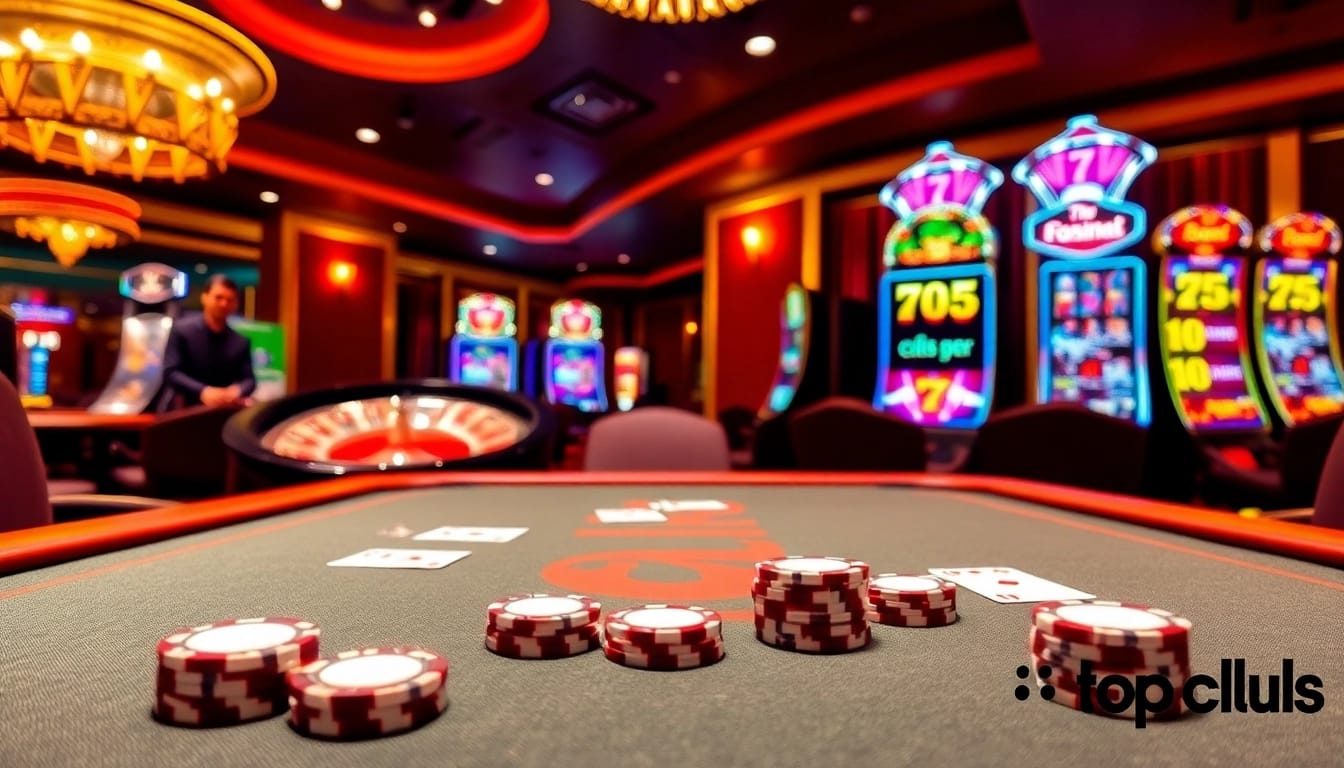 Experience thrilling games at topclub with luxurious casino tables and vibrant slot machines.