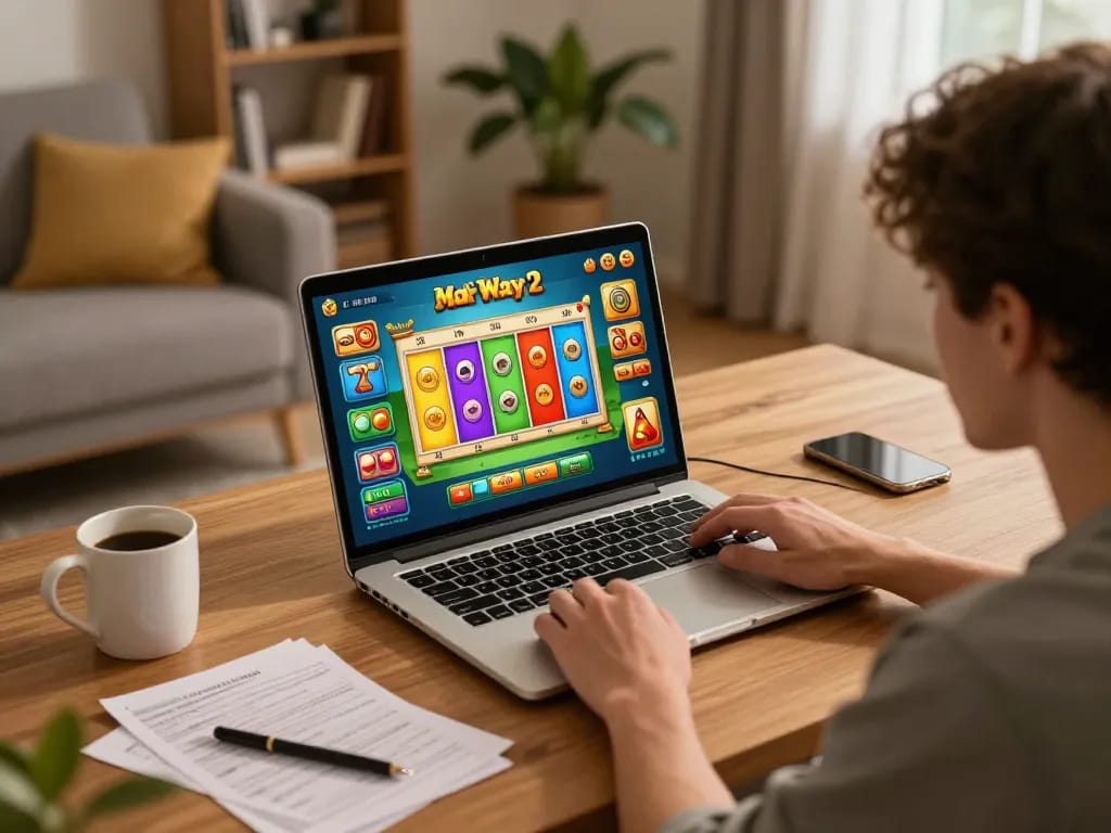 Engaging in Mahjong Ways 2 gameplay at home with vibrant online game display and cozy atmosphere.