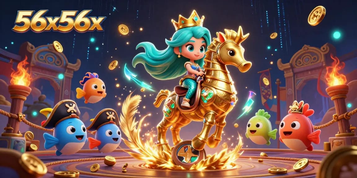 Experience the thrill of 56x56x as a mermaid princess rides a seahorse in a vibrant casino setting.