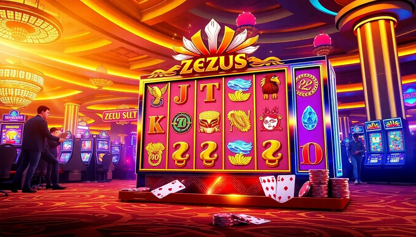 Putar mesin slot Zeus untuk kemenangan mendebarkan di tengah atmosfer kasino yang penuh warna.