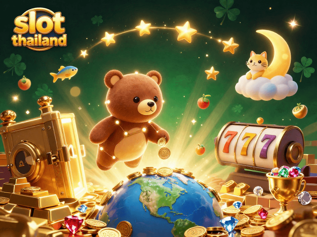 Engage in thrilling moments of slot thailand with a cosmic bear and treasure elements in a vibrant casino scene.