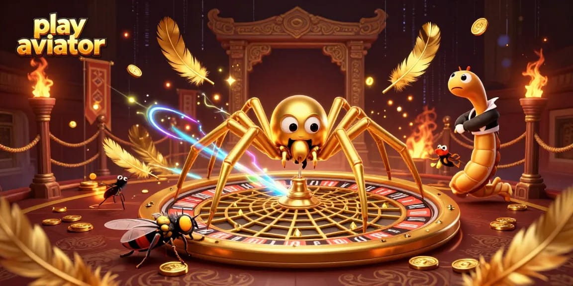 Play Aviator with vibrant casino elements featuring flying coins and a spinning roulette wheel.