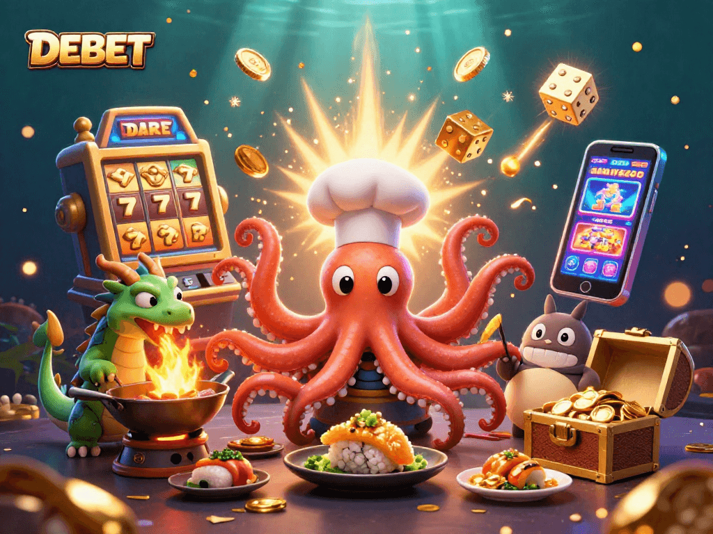 DEBET showcases thrilling slots and jackpot excitement with a lively octopus chef and dragon in this vibrant casino scene.