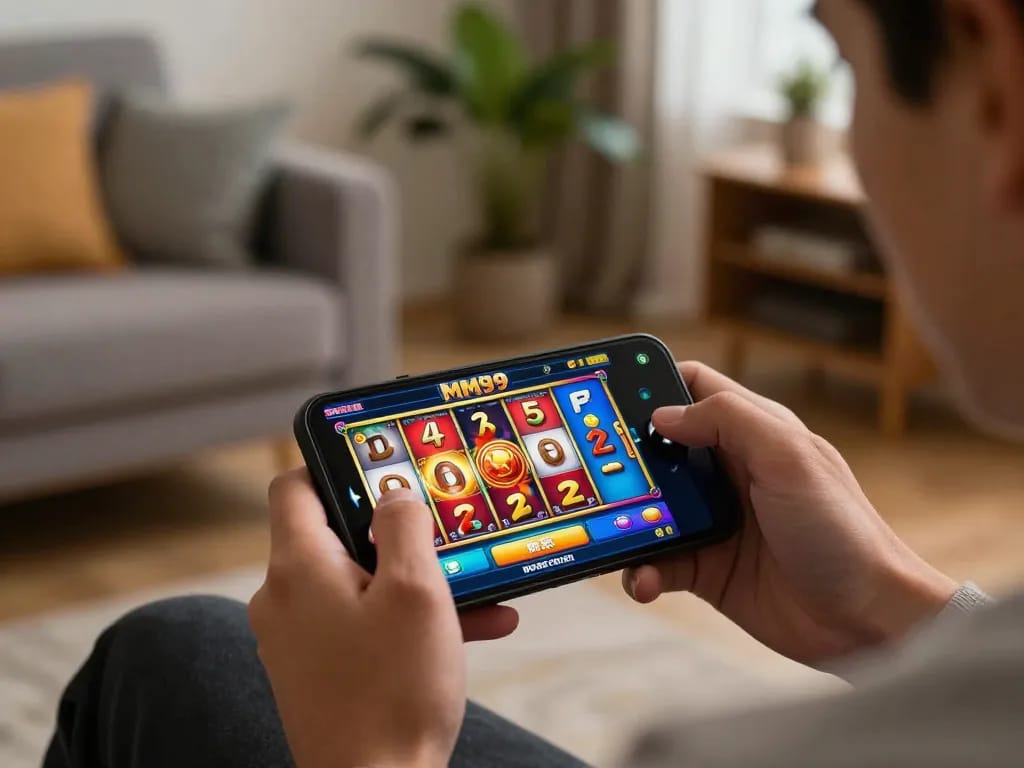 Player excitedly spins reels on the MM99 app, showcasing vibrant gameplay in a cozy home.