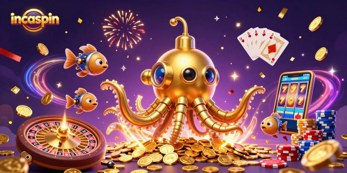 Spin for gold at IncaSpin Casino, featuring vibrant characters and casino elements amidst golden coins.