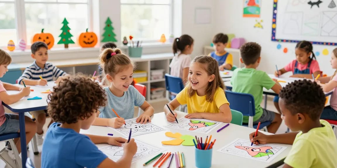 Kids excitedly creating seasonal coloring pages featuring Patrick Star in vibrant classroom setting.