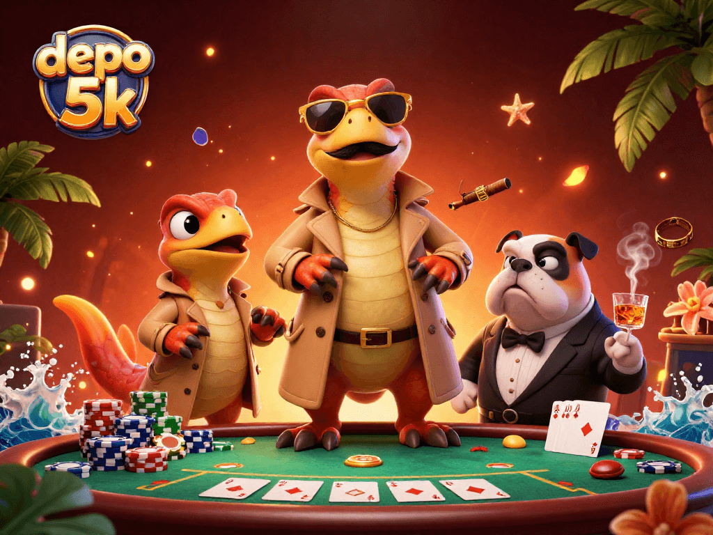 Engage with depo 5k as cartoon raptors plan their entry into a vibrant casino setting.