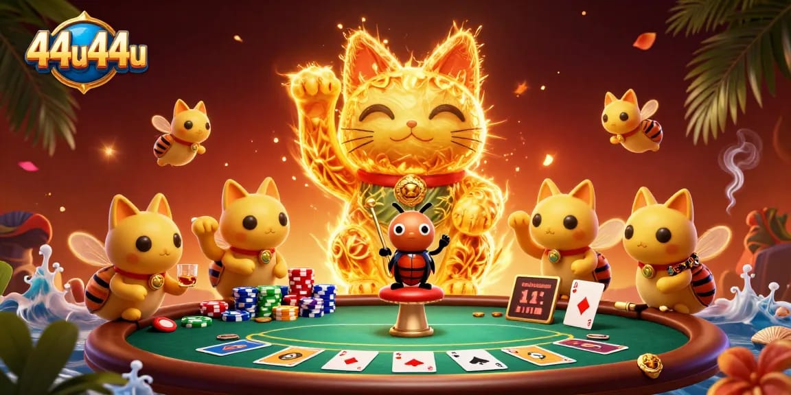 Experience the vibrant 44u44u casino scene with a lucky cat and poker chips in a dynamic 3D illustration.