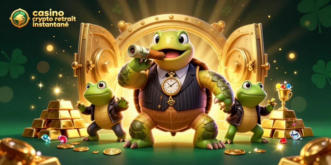 Profitez d'un casino crypto retrait instantané avec une tortue mobster et deux grenouilles en flambeaux dans un monde d'or.