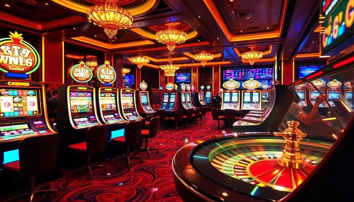 A dynamic gaming scene showcasing jamuslot with vibrant slot machines and excited players in a luxurious casino setting.