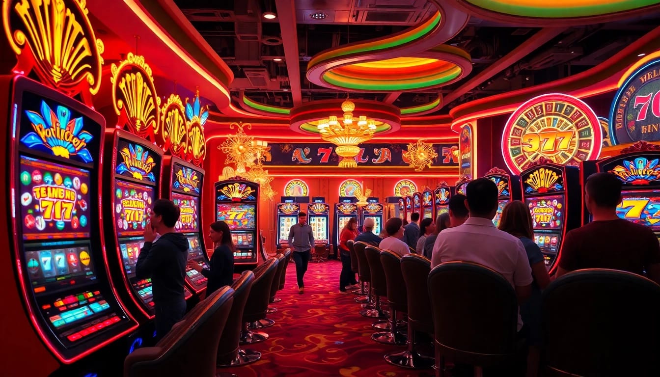 Excited gamblers experiencing the thrill of idn slot 777 in a luxurious casino setting.