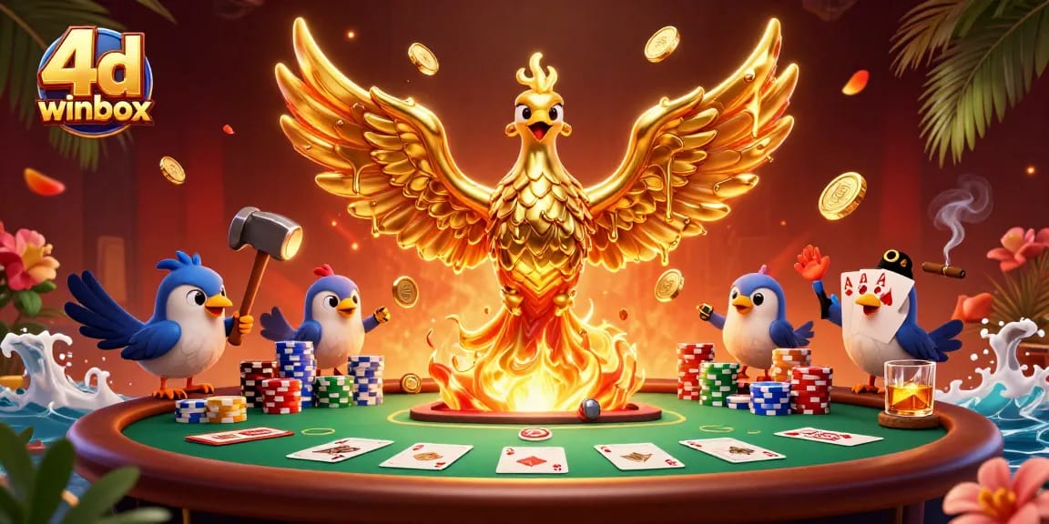 Winbox 4D features a golden phoenix and sparrows at a poker table, symbolizing exciting gambling.