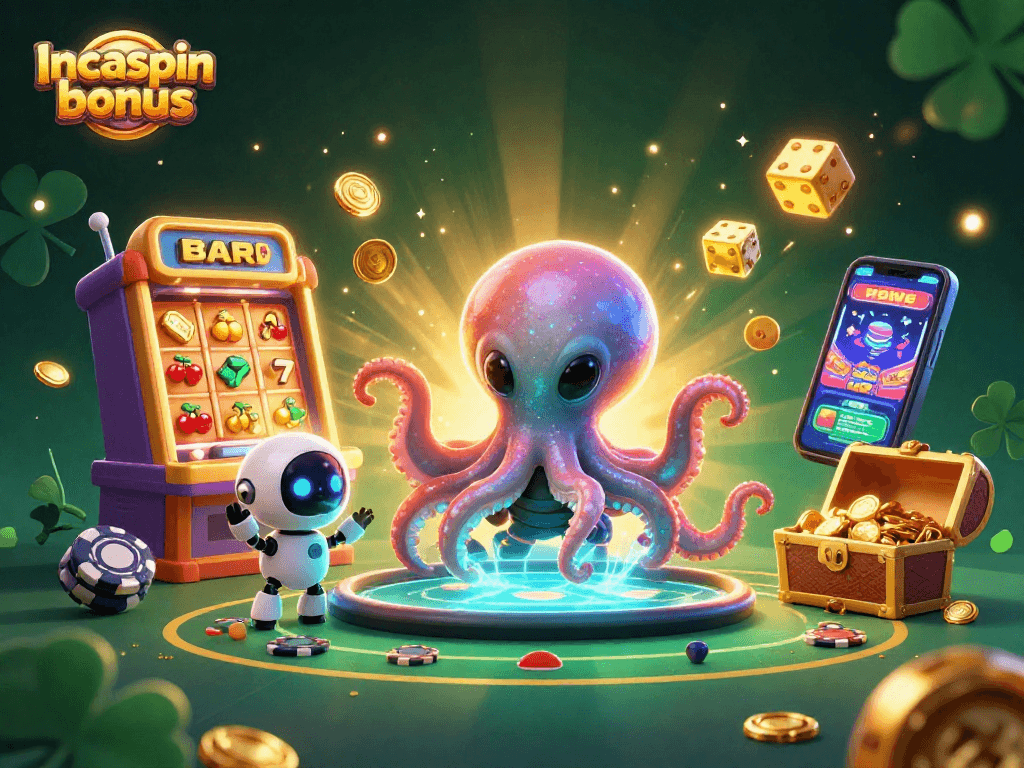 Play with the exciting Incaspin bonus, featuring alien characters and a vivid casino scene with jackpots.