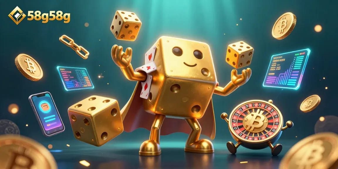Engage in thrilling gameplay with 58g58g, featuring vibrant golden dice golem and crypto elements.