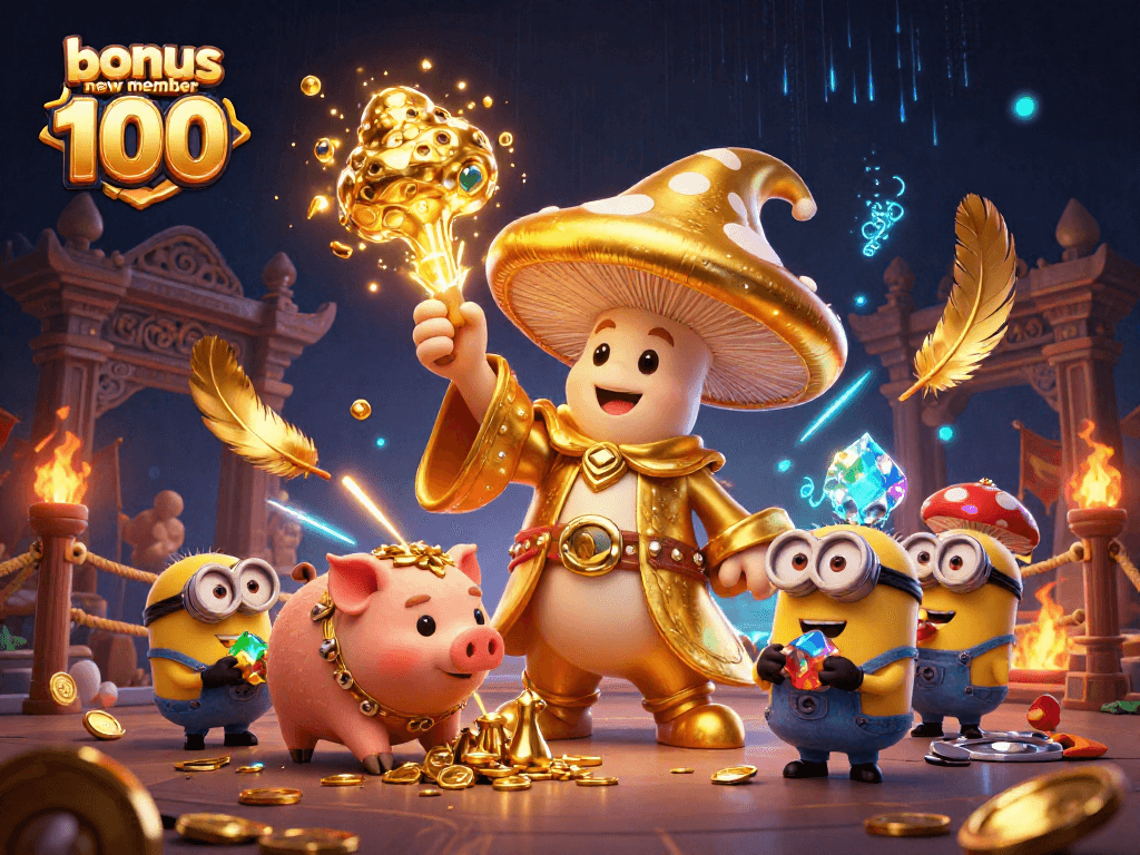 Engage in thrilling gameplay with bonus new member 100 at the vibrant casino scene filled with gold and magic.